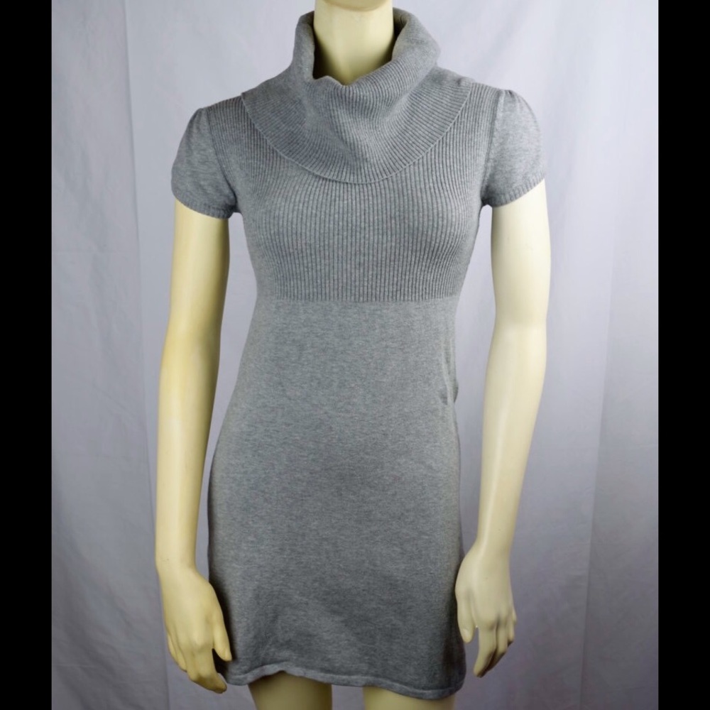 Gray Mini Sweater Dress Cowl Neck Babydoll Y2K Ribbed Puff Sleeve Elena Gilbert